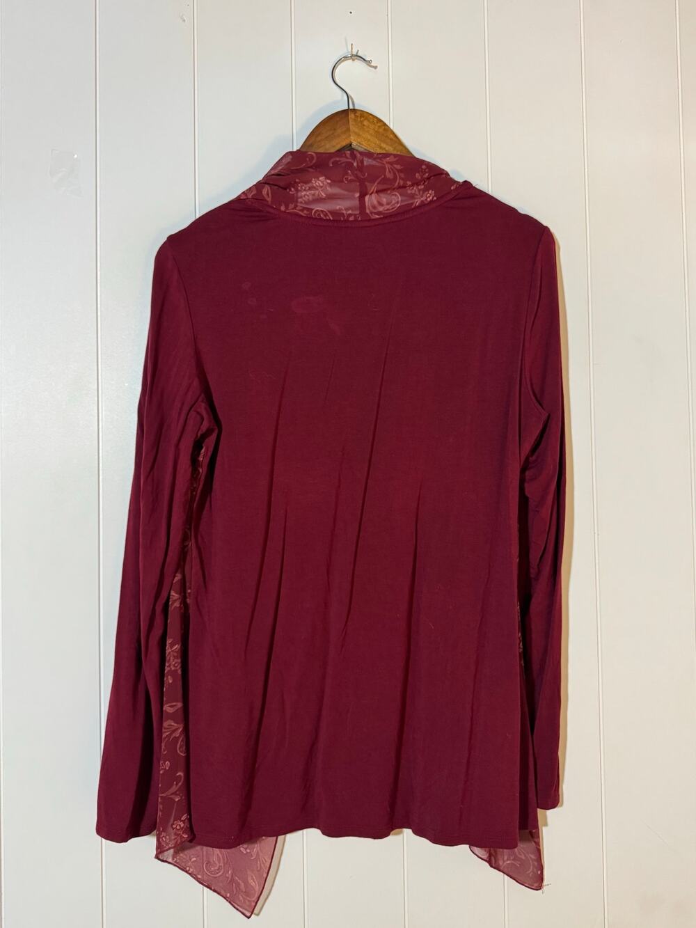 Investments Sheer Overlay Knit Top Burgundy Long Sleeve Size Medium